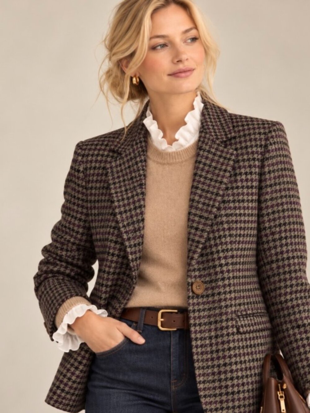 Sag Harbor wool houndstooth plaid blazer size 10p gray, hunter green tailored